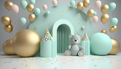 Fototapeta na wymiar The curved walls and floor are painted in soft blue-green gold. Teddy bear. Banner. Wallpaper. AI generated