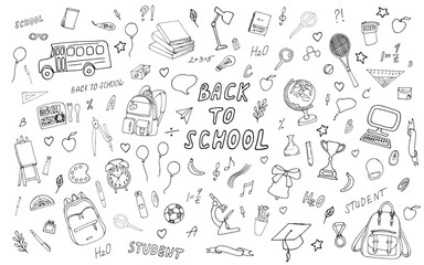 Set for school and students.Back to school illustration.School doodles, learning,chemistry,physics, lessons, time for learning, school tools set.Hand drawn art. - obrazy, fototapety, plakaty