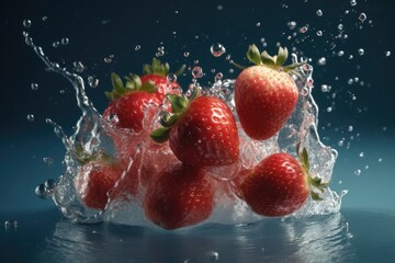 Fresh strawberry dropped into water with splash on the background.