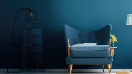 Comfortable sofa near blue or gray wall in interior of room