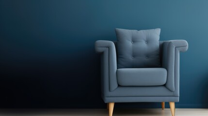 Comfortable sofa near blue or gray wall in interior of room