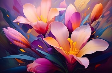 Colorful vibrant floral background of tropical plants and flowers. Made with Generative AI technology