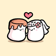 Cute marshmallow vector illustration.  Kawaii characters for print, sticker, badge and postcard. Married couple.