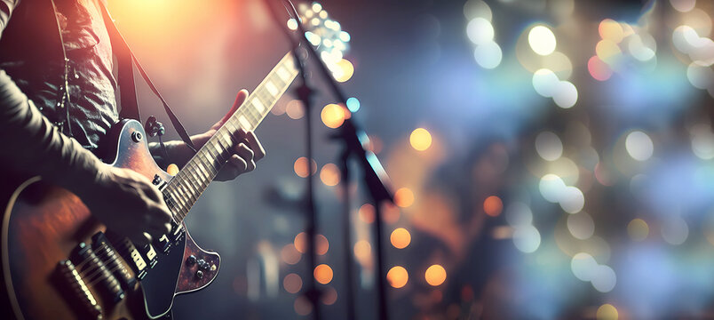 Guitarist's hands on the guitar. The musician plays the guitar. bokeh. Banner. Wallpaper. Generated AI