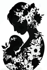 Vector illustration of a woman and baby in black silhouette against a clean white background, capturing graceful forms.