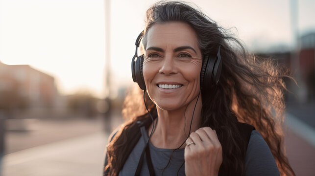 Latin woman, she's 50 year old, beautiful eyes, healthy women smiling in a Yoga Sport wear, headset, Smartwatch. running outside on sunny day. full-body photo generativeAI	