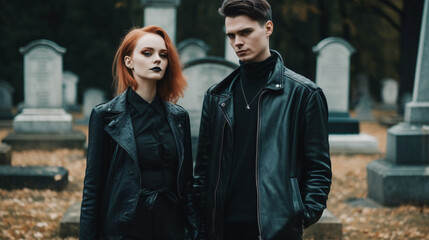 Naklejka premium Gothic Temptations: Unveiling the Enigmatic Allure of Real-Life and Party Mode Gothic Culture. Dive into the Dark, Sensual World of Gothic Fashion, Music, and Expression, Enhanced by Generative AI