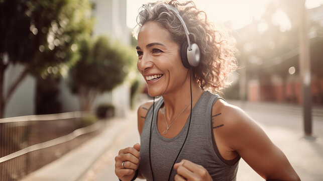 Latin woman, she's 50 year old, beautiful eyes, healthy women smiling in a Yoga Sport wear, headset, Smartwatch. running outside on sunny day. full-body photo generativeAI	