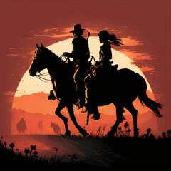 Black silhouette of a man and woman on horseback on red background.