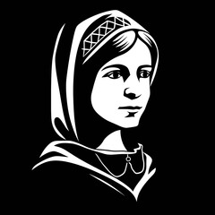 Black silhouette of a young girl with headgear on white background.