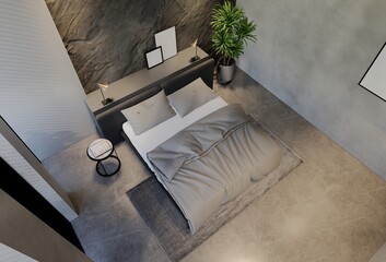 Obraz premium Modern bedroom interior design contemporary, with natural tones on the room, walls, floor and ceiling. rendering illustration