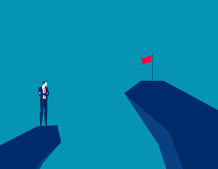 Man on a mountain peak looking at the flag on another peak. Business vector illustration