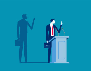 Politician on a podium giving speech with his long nose shadows. Business liar vector illustration