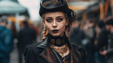 Gothic Temptations: Unveiling the Enigmatic Allure of Real-Life and Party Mode Gothic Culture. Dive into the Dark, Sensual World of Gothic Fashion, Music, and Expression, Enhanced by Generative AI - obrazy, fototapety, plakaty