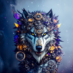 Generative AI illustration of A Fantasy Mechanical Wolf Head Composed with Gears and Wheels