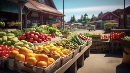 Fototapeta na wymiar Capture the beauty of a farmers market, overflowing with an array of vibrant, seasonal fruits and vegetables. Generative Ai