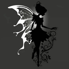 Black silhouette of a fairy on grey background.