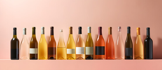five different colored wines in a row against a pink background Generated by AI - Powered by Adobe