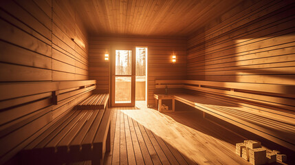 empty Sauna room interior as background, spa room. Relax in a hot sauna, Finland-style classic wooden sauna interior in public building, hotel. Small home Finnish wooden sauna. generative ai