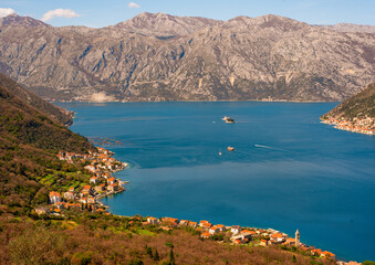 Fototapeta na wymiar View of the Bay of Kotor in spring from the hiking trail above Prcanj