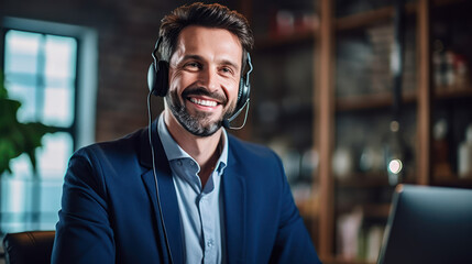 A confident businessman in a sleek headset sits at his workstation, ready to assist customers with a friendly smile