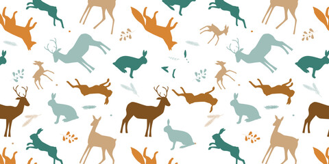 Seamless Pattern Silhouettes of Wild Animals With deer, rabbit.