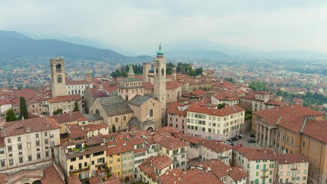 Scenic aerial view of Citta Alta, Old town district of Bergamo city