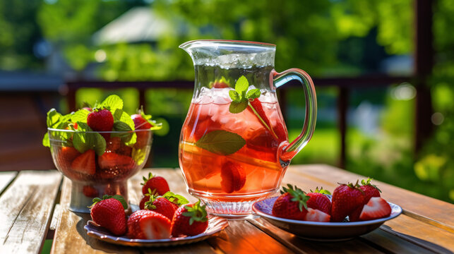 Refreshing summer drink with Strawberry in jug and glasses on the vintage wooden table. Generative Ai