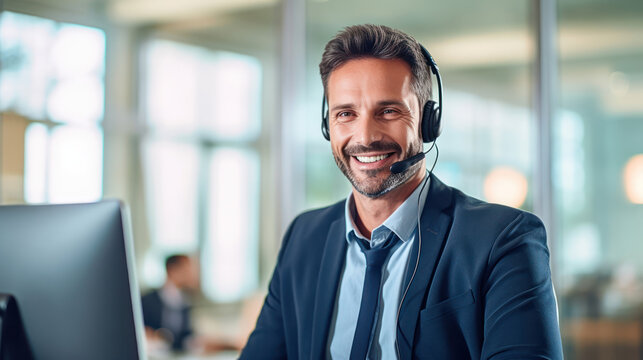 A confident businessman in a sleek headset sits at his workstation, ready to assist customers with a friendly smile - Powered by Adobe