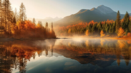 Autumn forest with fog reflected in water. 