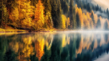 Fototapeta premium Autumn forest with fog reflected in water. 