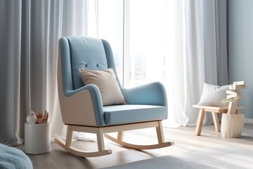 Serene Nursery: Light Blue Rocking Chair with Natural Wood Base and Beige Cushion