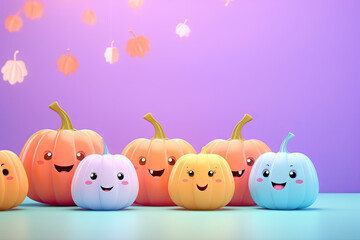 Happy and cute Kawaii style colorful pumpkins on purple background. Greeting card design with copy space. Generative Ai. 