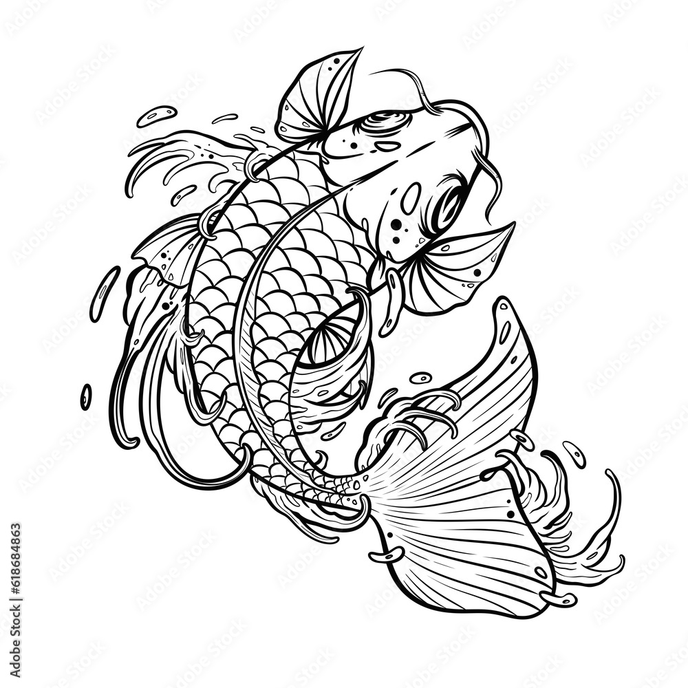 Wall mural koi fish tattoo with water splash asian or japanese style. illustration with white background.