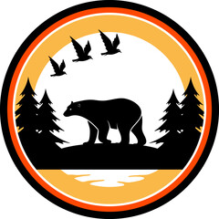 Circle shape with bear and birth and pine