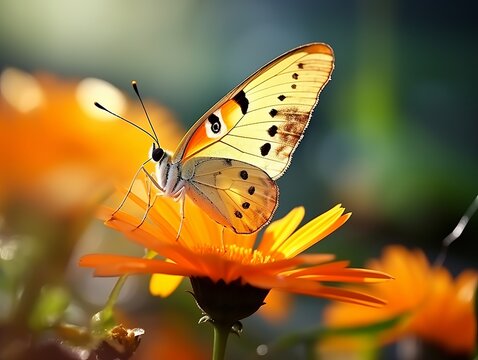 Macro view of a beautiful cute yellow butterfly on an orange flower in nature, outdoors in spring on a bright sunny day. Made with Generative AI technology