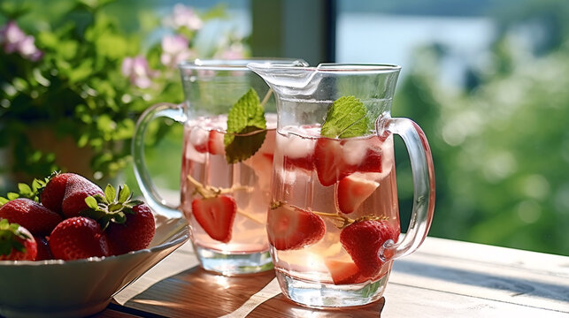 Refreshing summer drink with Strawberry in jug and glasses on the vintage wooden table. Generative Ai