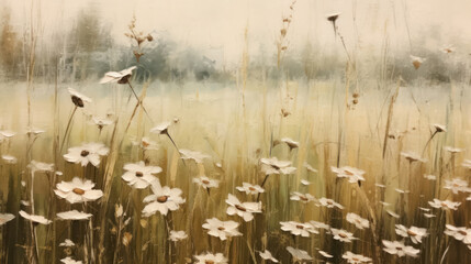Vintage neutral wildflower field oil painting  - obrazy, fototapety, plakaty