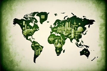 Green factory icon on world map for decrease CO2 