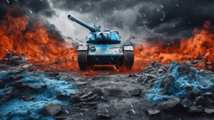 War Concept. A tank driving on burning ground