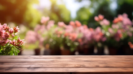 Fototapeta na wymiar Wooden board empty Table Top And Blur flower garden Background