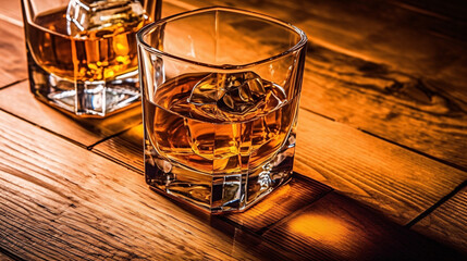Fototapeta na wymiar Whiskey drinks on wood. Generative Ai