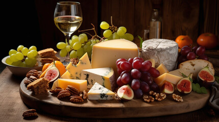 Create a mouthwatering image of a platter of assorted cheeses, accompanied by fruits, nuts, and a glass of wine. Generative Ai