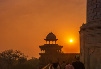 Sunrise at public place architecture roof mughal building style in Agra India. - 618686880