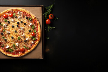 Pizza in a cardboard box on a dark chalkboard. Space for your text. Top view of pizza package. Delivery concept. Generative AI