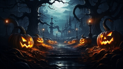 Artistic painting concept of Halloween background with pumpkin in a spooky Graveyard at night, digital art style, illustration painting. Generative AI