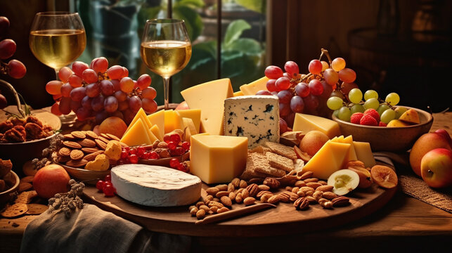 Create a mouthwatering image of a platter of assorted cheeses, accompanied by fruits, nuts, and a glass of wine. Generative Ai