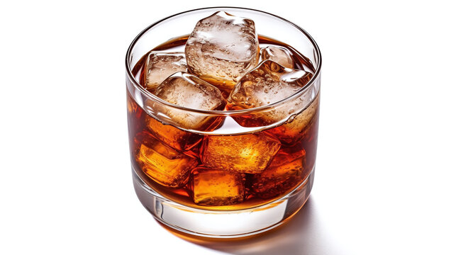 Cola in glass with ice cubes and straw from top view isolated on white background. Generative Ai