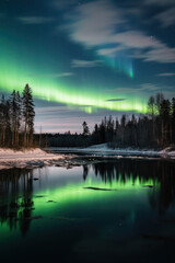 Dark winter night snow covered landscape, northern lights. 