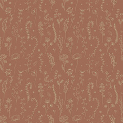 Seamless pattern with hand drawn abstract wildflowers. Line art meadow flowers on red background